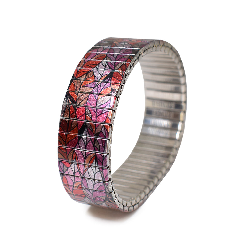 Rosa- Stained glass Leaf 18mm A stained glass inspired repetitive multi-coloured leaf design. Wear the seasons around your wrist  © 2020, Banded-london